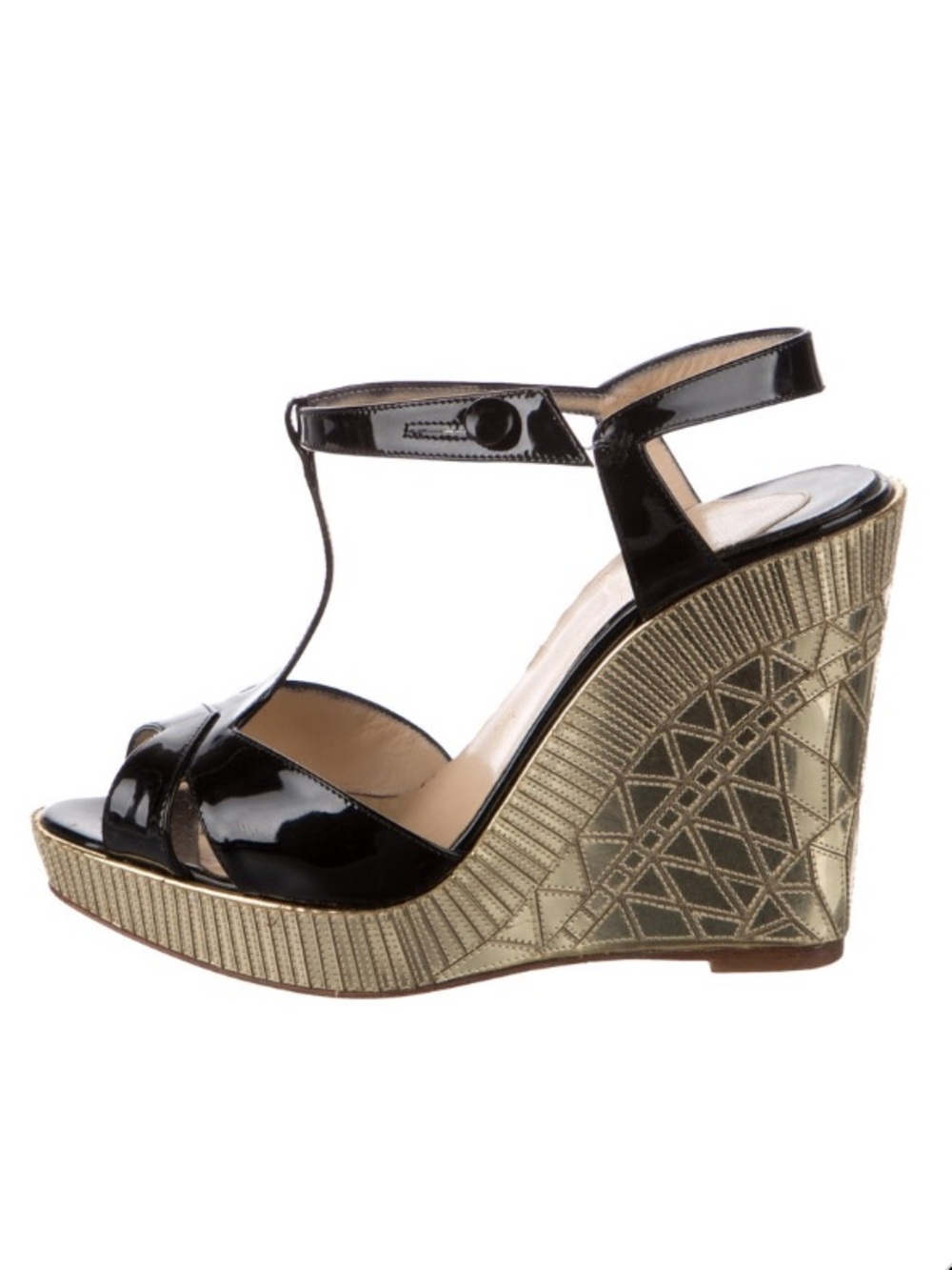 Christian Louboutin Black Patent Wedge Sandals with Gold Geometric Heel 37